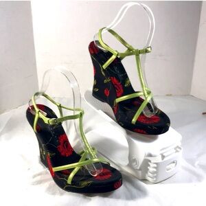 Laundry By Shelli Segal Black Floral Wedges with Green Straps